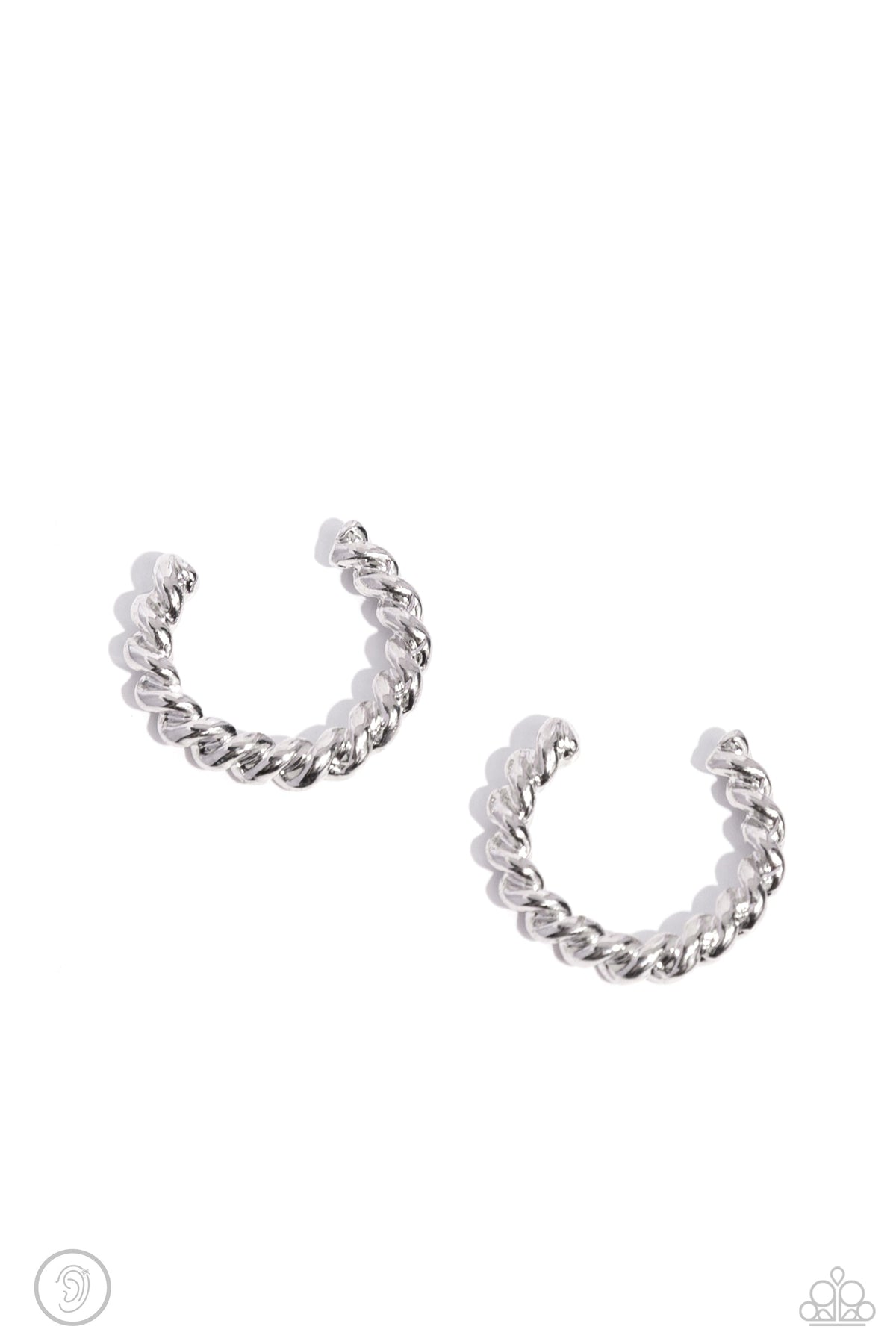 Twisted Travel Silver Cuff Earrings - Paparazzi Accessories- lightbox - CarasShop.com - Paparazzi Jewelry by Cara Jewels