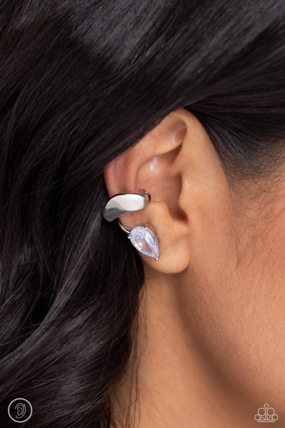 Twisting Teardrop White Rhinestone Cuff Earrings - Paparazzi Accessories- on model - CarasShop.com - Paparazzi Jewelry by Cara Jewels
