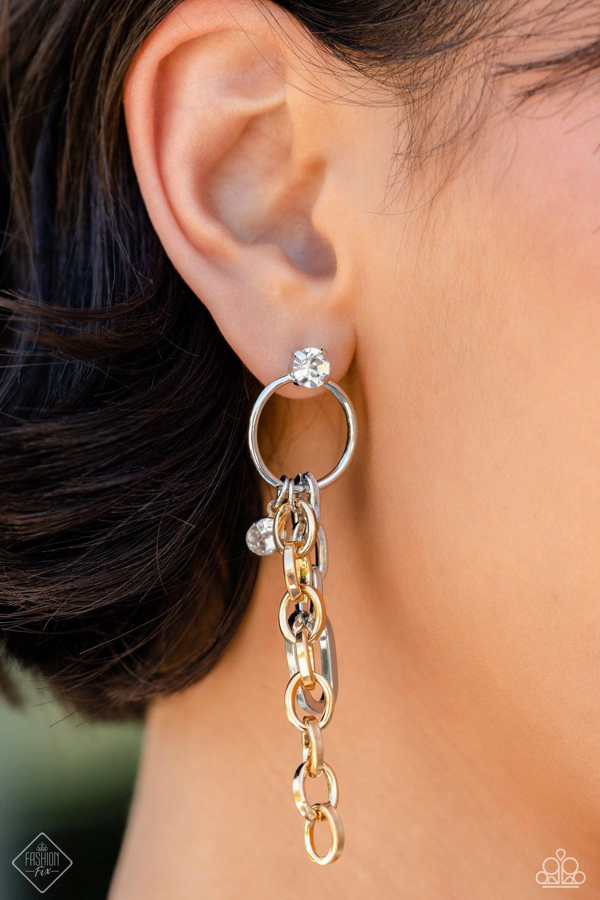 Two-Tone Trendsetter Multi Gold & Silver Earrings - Paparazzi Accessories- on model - CarasShop.com - Paparazzi Jewelry by Cara Jewels