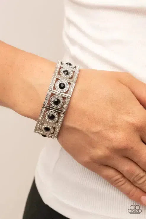 Ultra Upscale Black & White Rhinestone Bracelet - Paparazzi Accessories-on model - CarasShop.com - Paparazzi Jewelry by Cara Jewels
