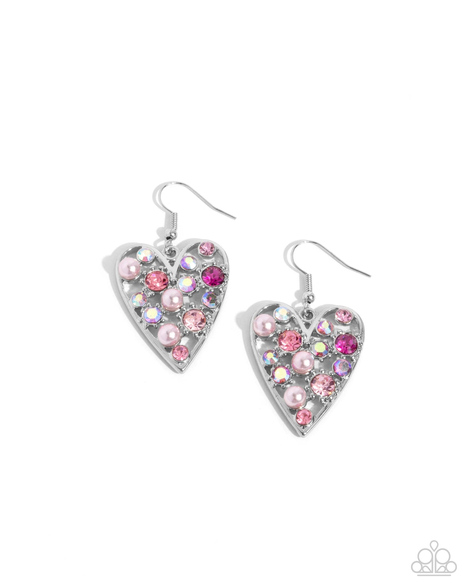 Unbelievable Shimmer Pink Rhinestone Heart Earrings - Paparazzi Accessories- lightbox - CarasShop.com - Paparazzi Jewelry by Cara Jewels