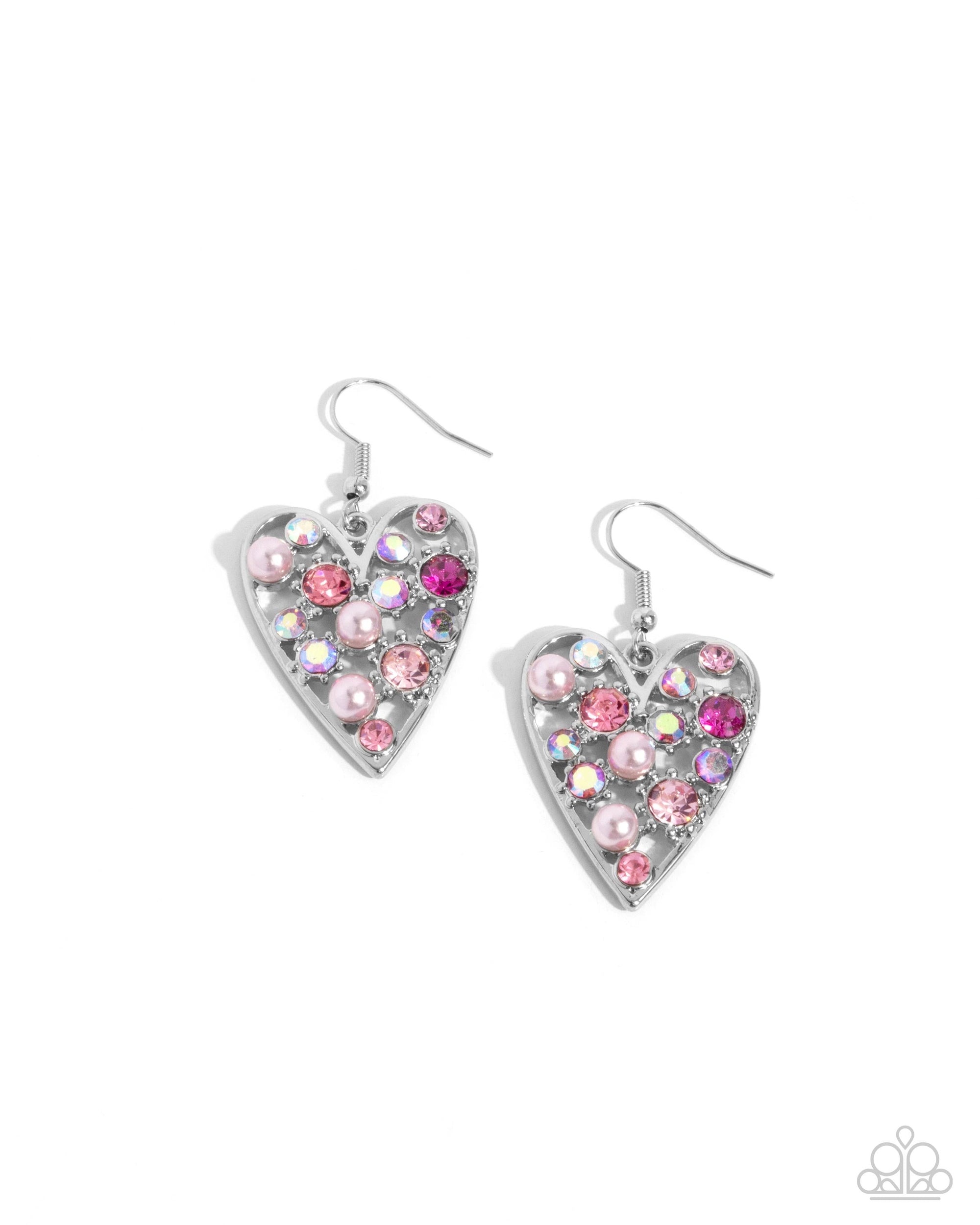 Unbelievable Shimmer Pink Rhinestone Heart Earrings - Paparazzi Accessories- lightbox - CarasShop.com - Paparazzi Jewelry by Cara Jewels