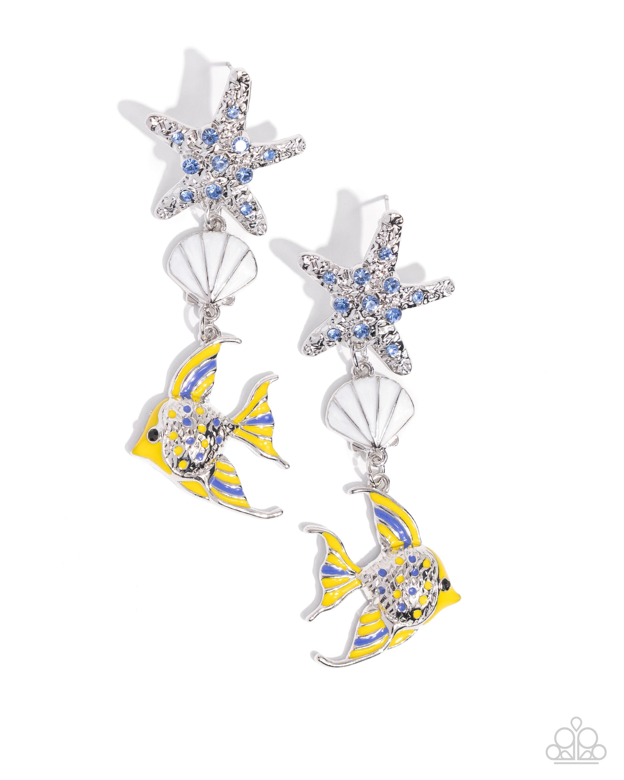 Under the Reef Multi Yellow & Blue Fish Earrings - Paparazzi Accessories- lightbox - CarasShop.com - Paparazzi Jewelry by Cara Jewels