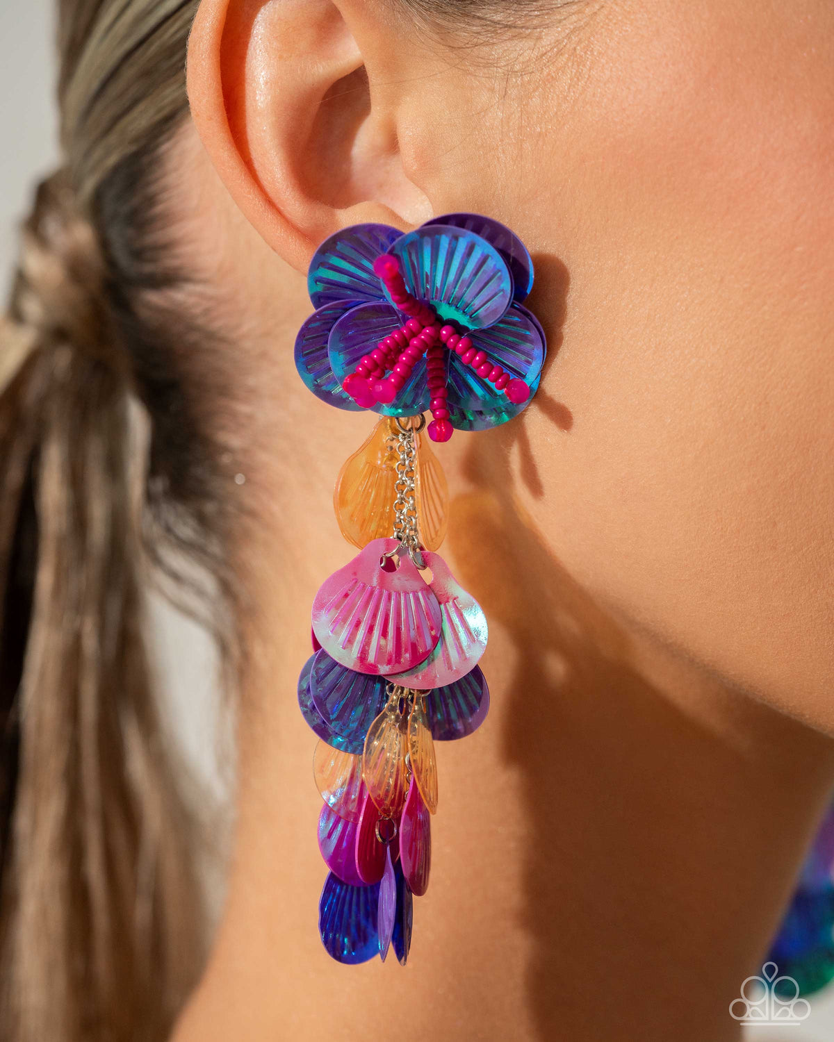 Under the Waves Purple Sequin Earrings - Paparazzi Accessories- on model - CarasShop.com - Paparazzi Jewelry by Cara Jewels