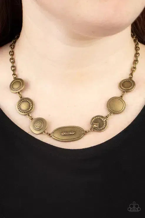 Uniquely Unconventional Brass Necklace - Paparazzi Accessories-on model - CarasShop.com - Paparazzi Jewelry by Cara Jewels