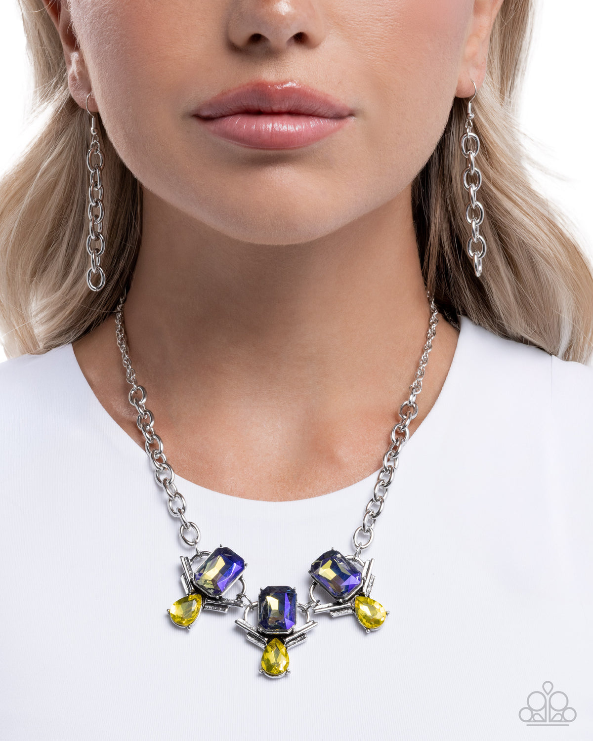 Unpredictable Color Yellow & Blue Gem Necklace - Paparazzi Accessories-on model - CarasShop.com - Paparazzi Jewelry by Cara Jewels