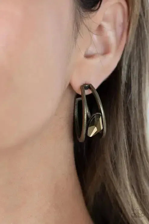 Unrefined Reverie Brass Earrings - Paparazzi Accessories- on model - CarasShop.com - Paparazzi Jewelry by Cara Jewels