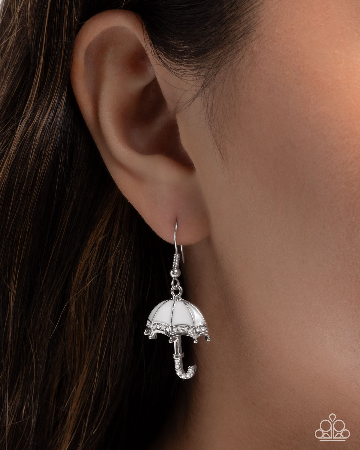 Unrivaled Umbrella White Rhinestone Earrings - Paparazzi Accessories-on model - CarasShop.com - Paparazzi Jewelry by Cara Jewels