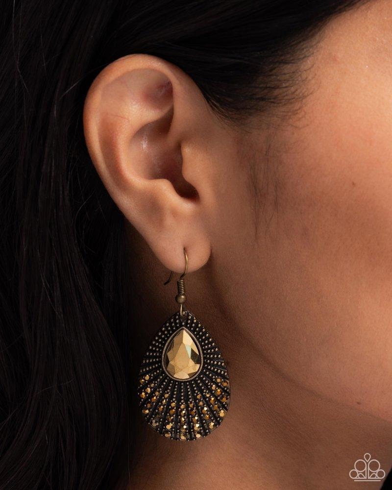 Urban Relic Brass Earrings - Paparazzi Accessories- on model - CarasShop.com - Paparazzi Jewelry by Cara Jewels