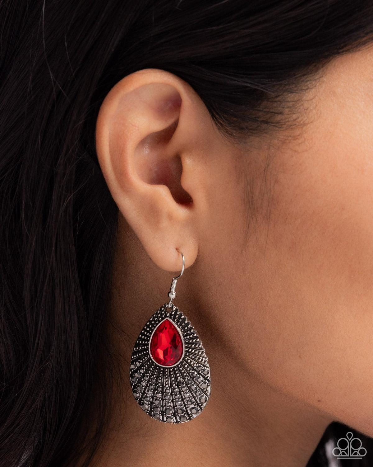 Urban Relic Red & Hematite Rhinestone Earrings - Paparazzi Accessories- on model - CarasShop.com - Paparazzi Jewelry by Cara Jewels