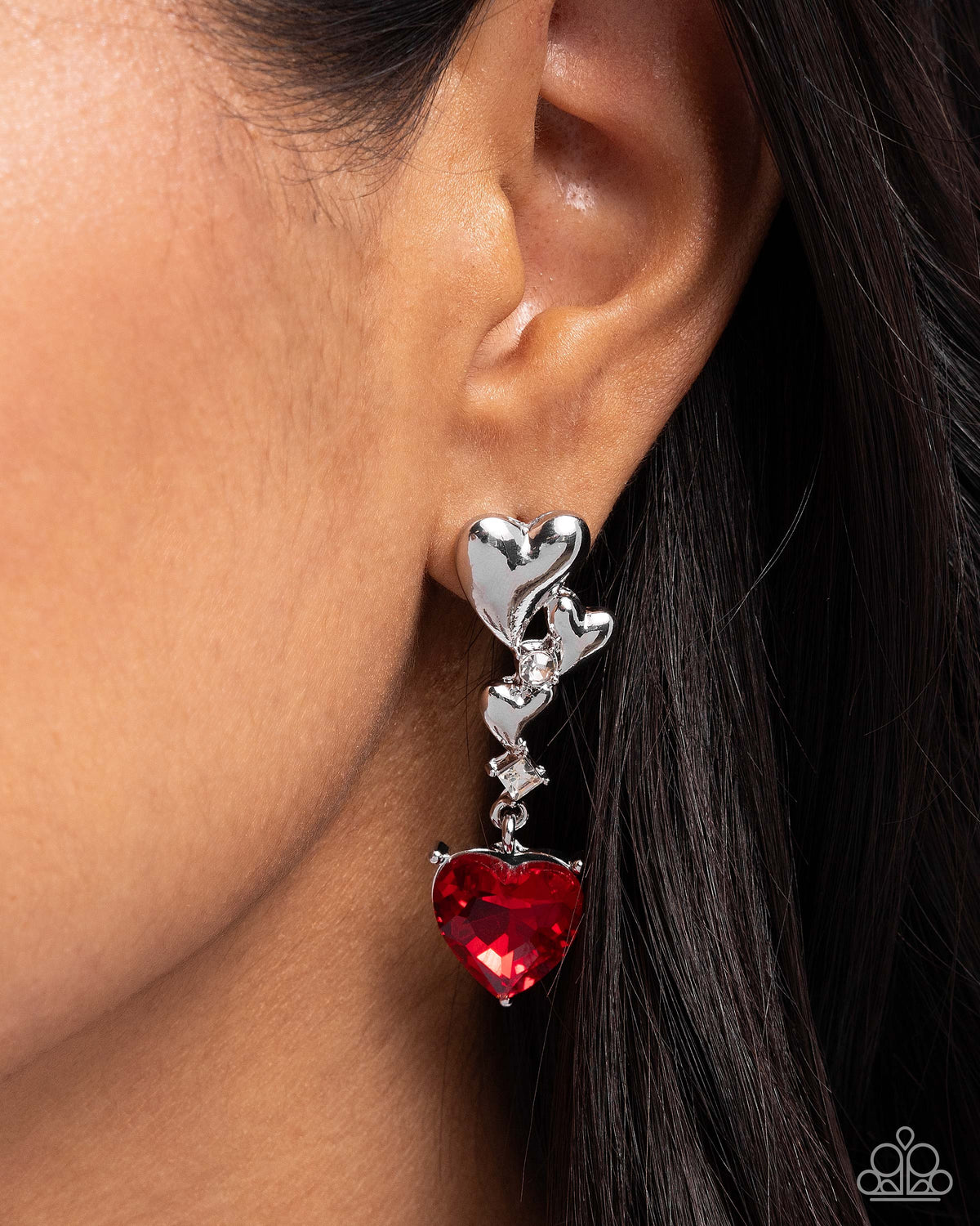 Valentines Vaudeville Red Rhinestone Heart Earrings - Paparazzi Accessories- on model - CarasShop.com - Paparazzi Jewelry by Cara Jewels