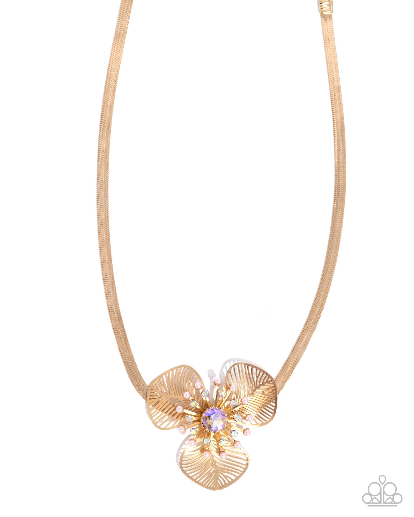 Valiantly Verdant Pink & Gold Flower Necklace - Paparazzi Accessories- lightbox - CarasShop.com - Paparazzi Jewelry by Cara Jewels