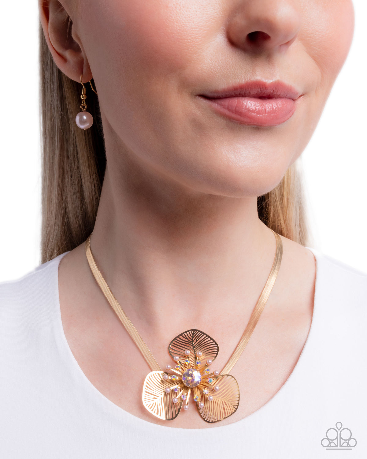 Valiantly Verdant Pink & Gold Flower Necklace - Paparazzi Accessories-on model - CarasShop.com - Paparazzi Jewelry by Cara Jewels