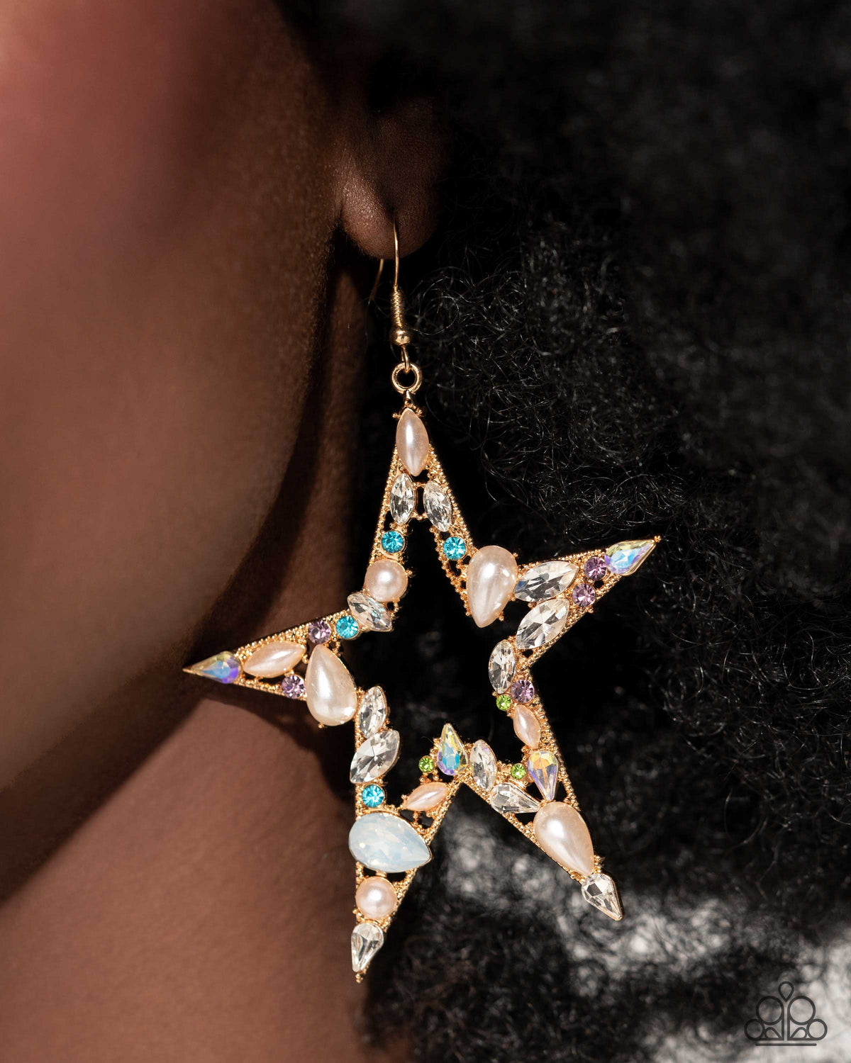 Variegated Value Multi Rhinestone and Pearl Star Earrings - Paparazzi Accessories- on model - CarasShop.com - Paparazzi Jewelry by Cara Jewels