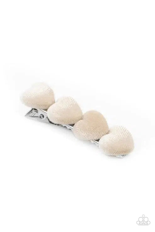 Velvet Valentine White Hair Clip - Paparazzi Accessories- on model - CarasShop.com - Paparazzi Jewelry by Cara Jewels