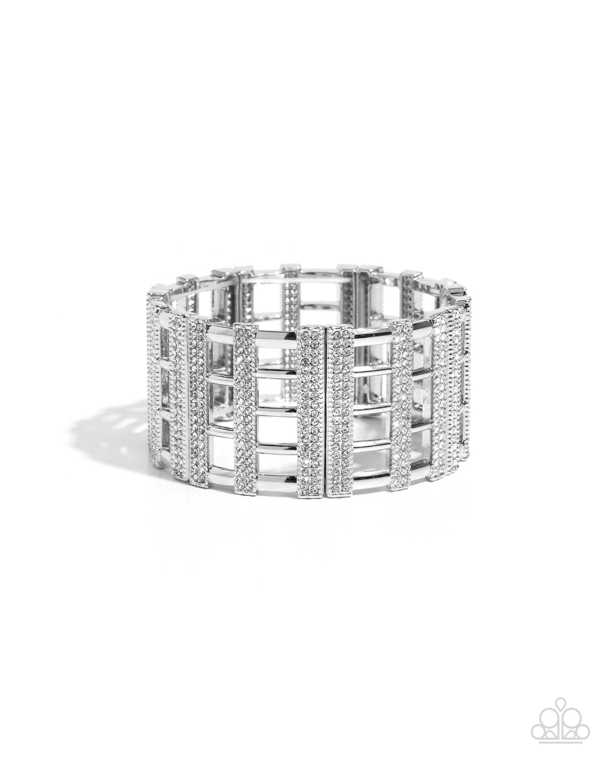 Vertical Vanity White Rhinestone & Silver Bracelet - Paparazzi Accessories- lightbox - CarasShop.com - Paparazzi Jewelry by Cara Jewels
