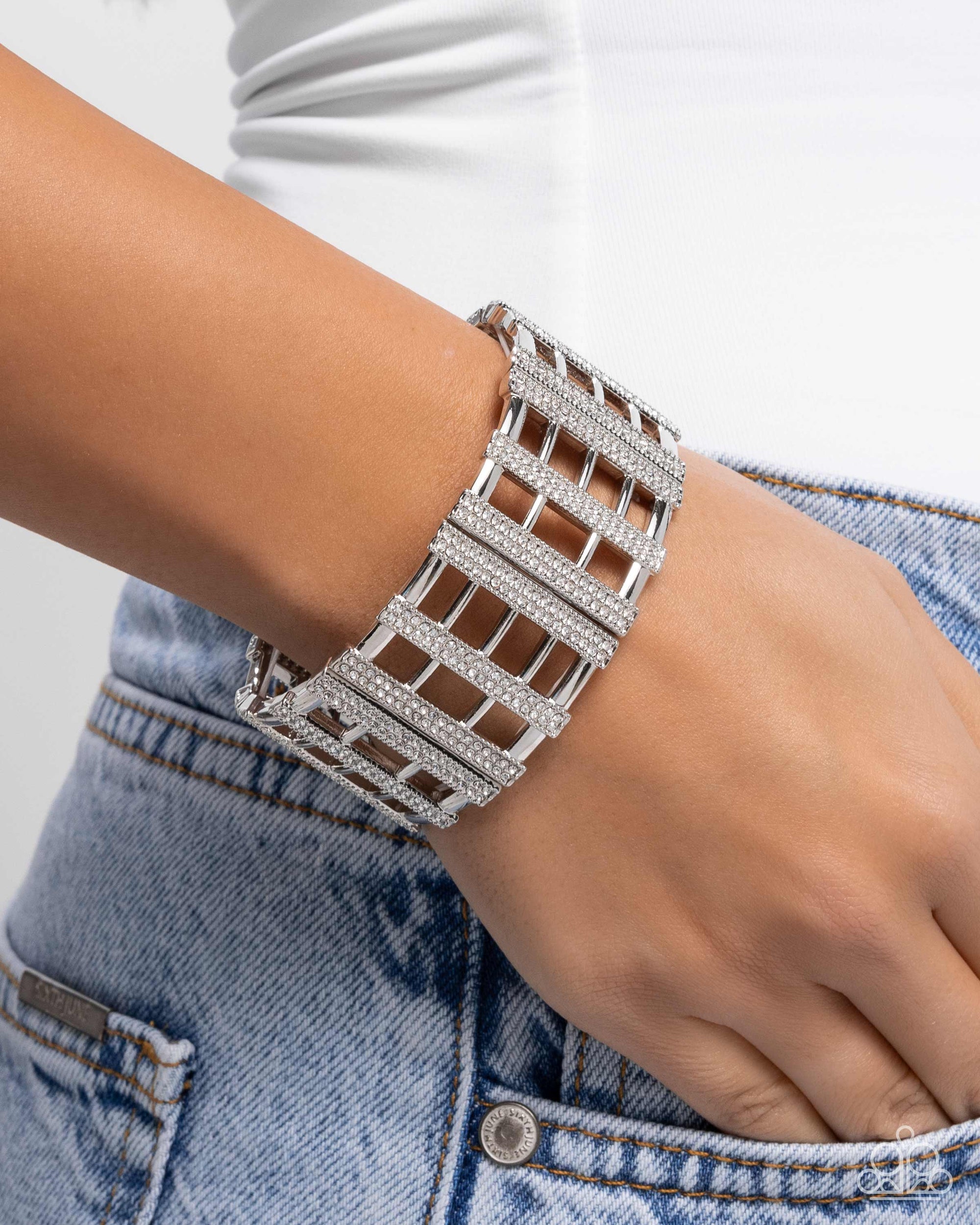 Vertical Vanity White Rhinestone & Silver Bracelet - Paparazzi Accessories- lightbox - CarasShop.com - Paparazzi Jewelry by Cara Jewels