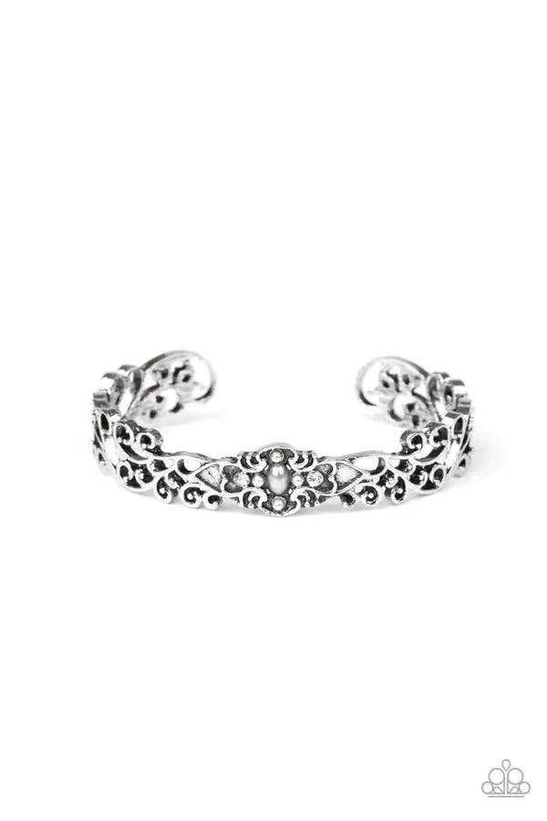 Victorian Vines White Cuff Bracelet - Paparazzi Accessories- lightbox - CarasShop.com - Paparazzi Jewelry by Cara Jewels