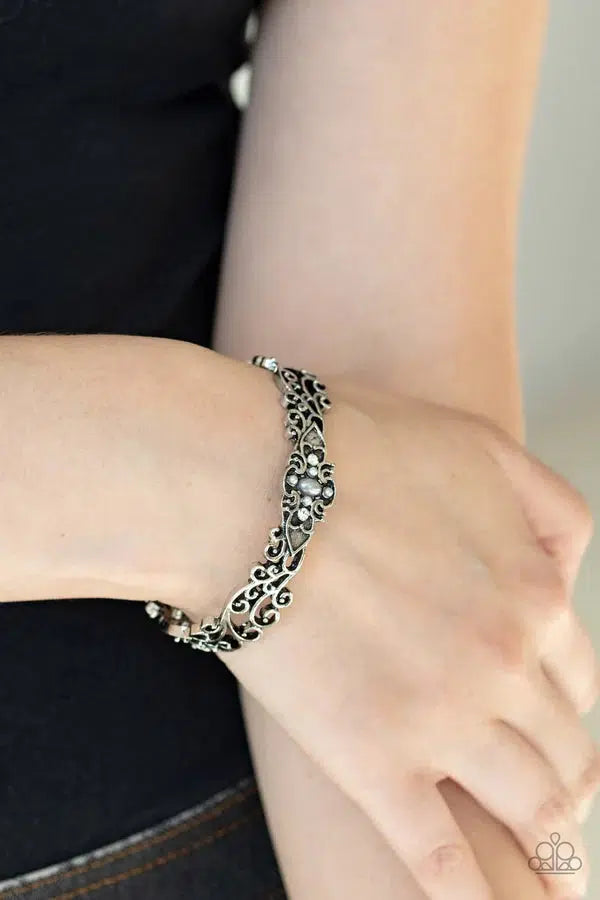 Victorian Vines White Cuff Bracelet - Paparazzi Accessories- on model - CarasShop.com - Paparazzi Jewelry by Cara Jewels