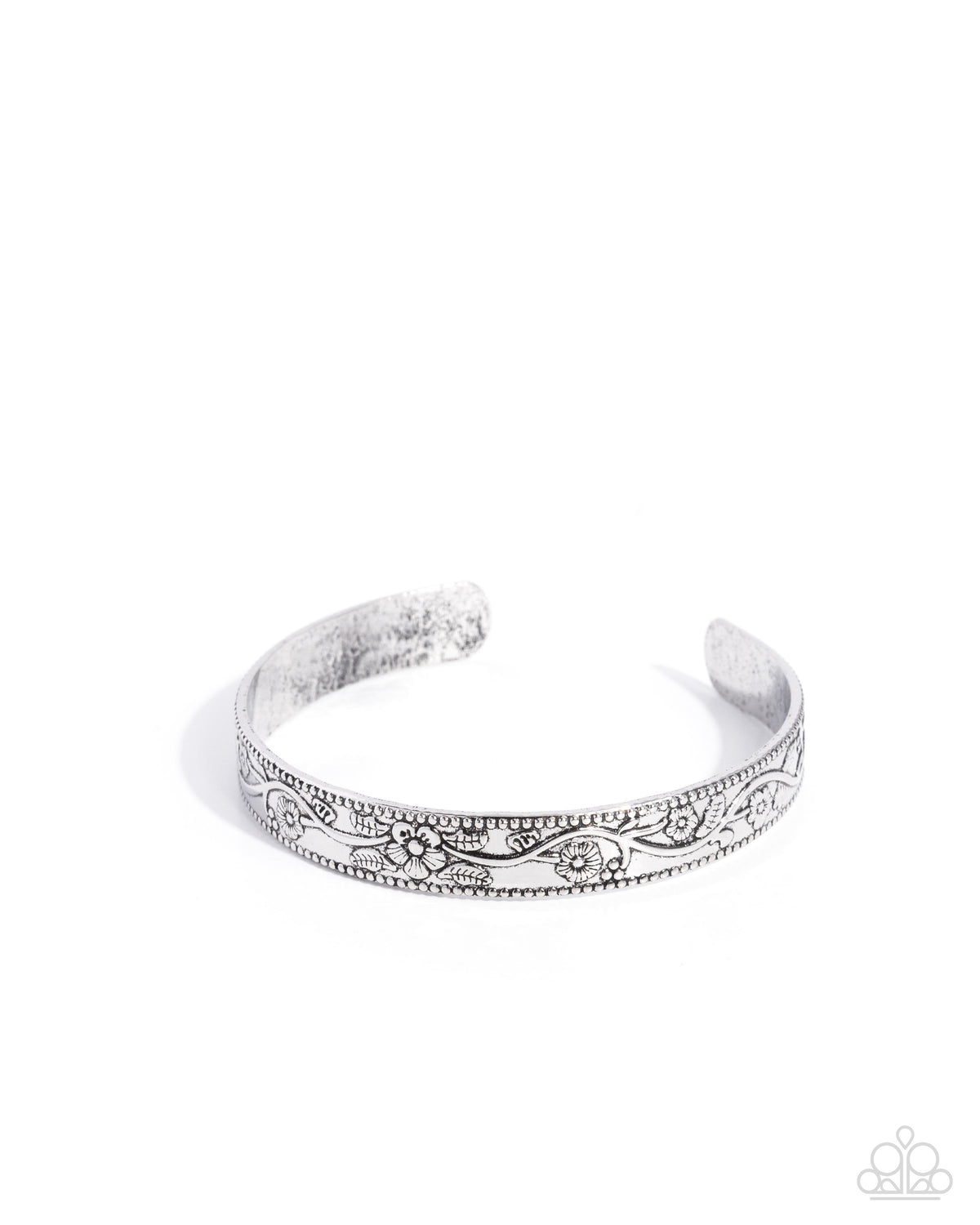 Vintage Side Silver Floral Cuff Bracelet - Paparazzi Accessories- lightbox - CarasShop.com - Paparazzi Jewelry by Cara Jewels