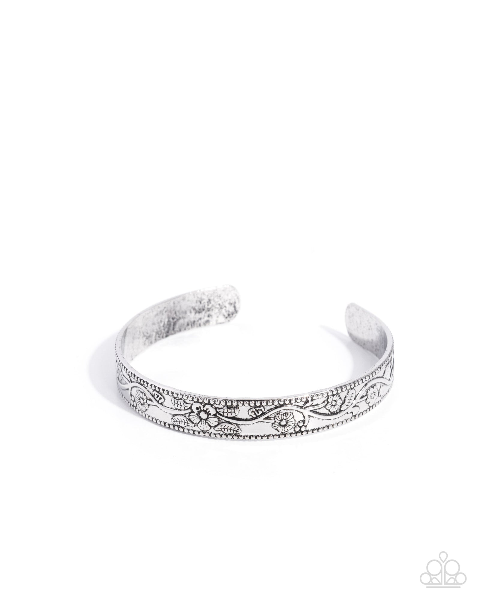 Vintage Side Silver Floral Cuff Bracelet - Paparazzi Accessories- lightbox - CarasShop.com - Paparazzi Jewelry by Cara Jewels