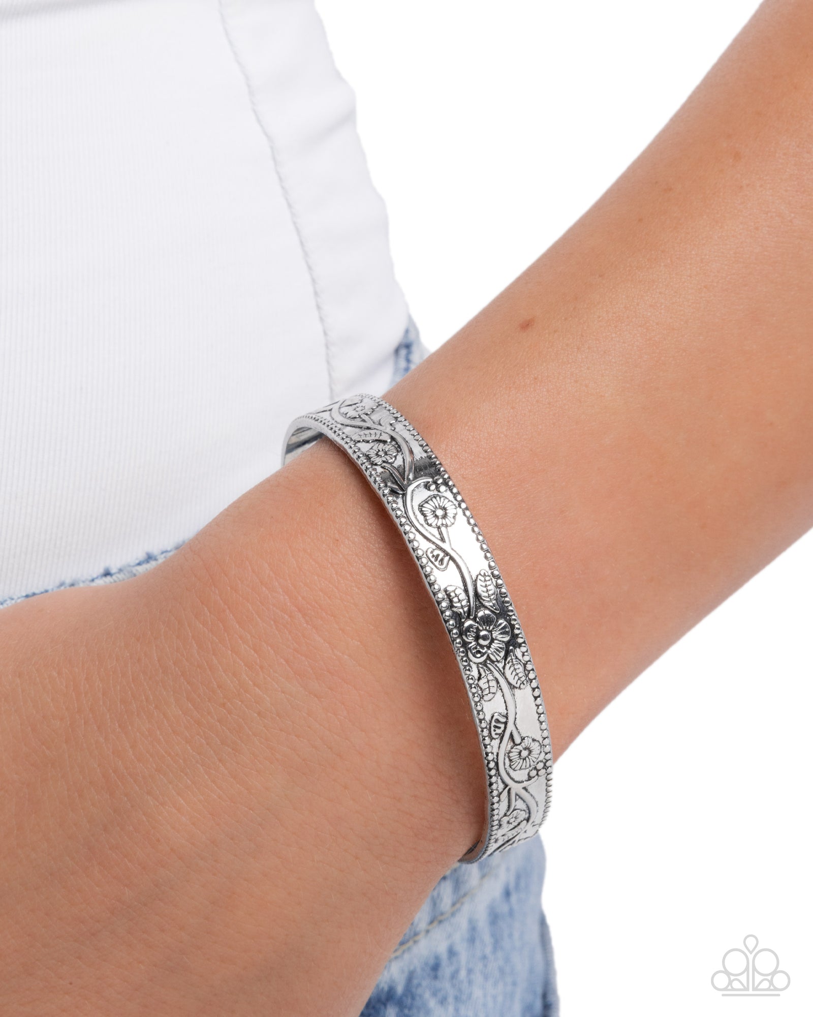 Vintage Side Silver Floral Cuff Bracelet - Paparazzi Accessories- lightbox - CarasShop.com - Paparazzi Jewelry by Cara Jewels