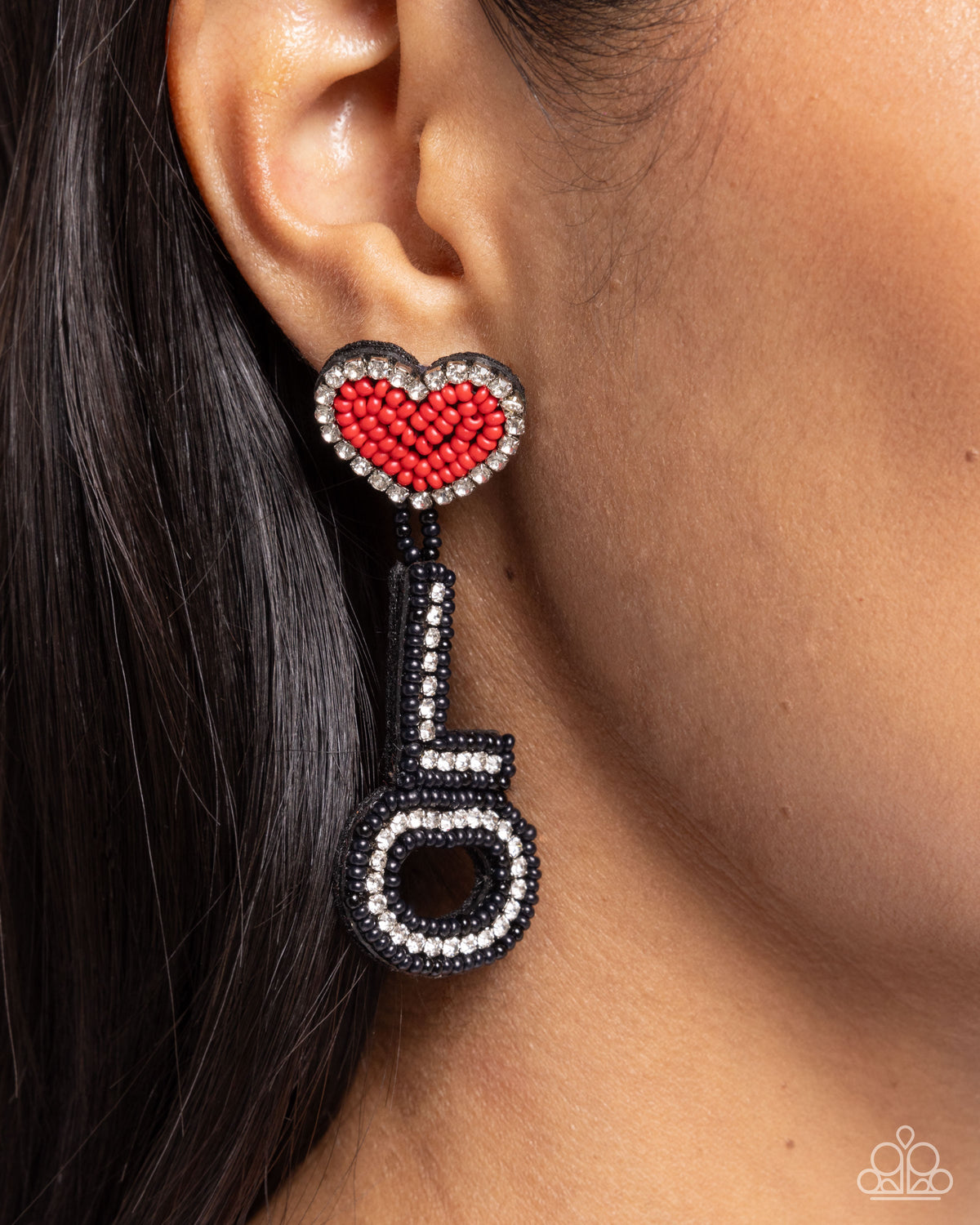 Visible Valentines Black & Red Seed Bead "LOVE" Earrings - Paparazzi Accessories- on model - CarasShop.com - Paparazzi Jewelry by Cara Jewels