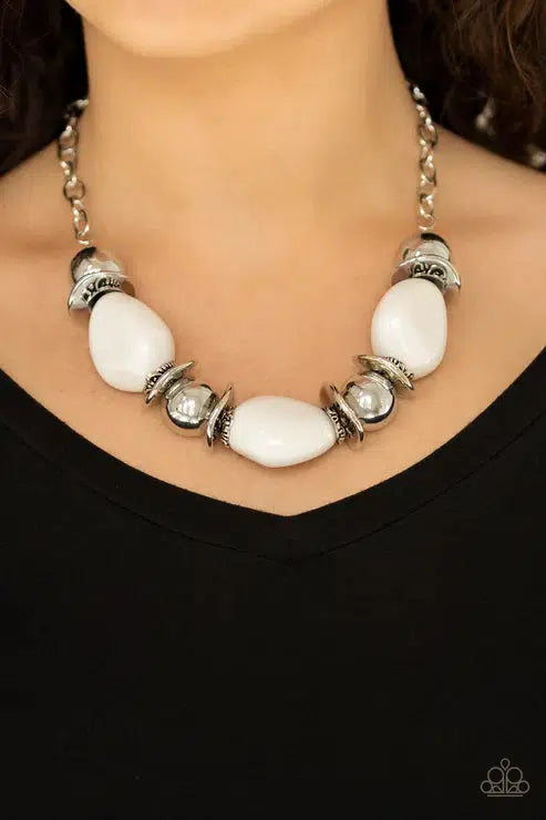 Vivid Vibes White Necklace - Paparazzi Accessories- on model - CarasShop.com - Paparazzi Jewelry by Cara Jewels