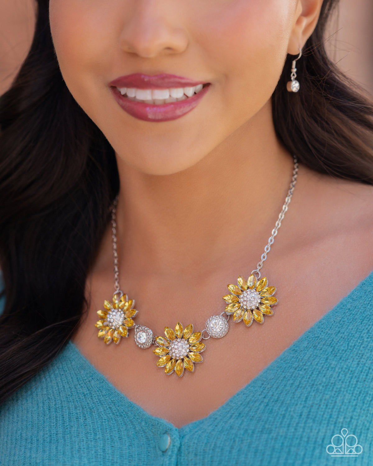 Vulnerable Vacation Yellow Rhinestone Flower Necklace - Paparazzi Accessories- on model - CarasShop.com - Paparazzi Jewelry by Cara Jewels