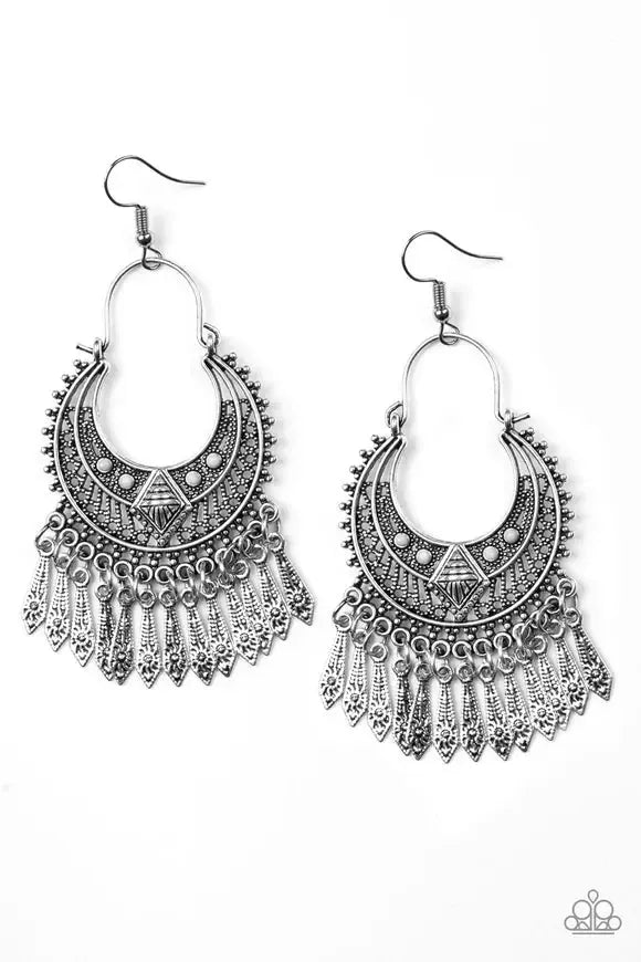 Walk On The Wildside Silver Earrings - Paparazzi Accessories- lightbox - CarasShop.com - Paparazzi Jewelry by Cara Jewels