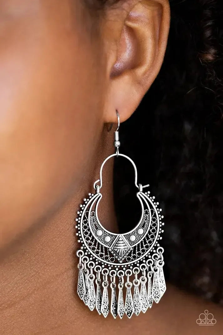 Walk On The Wildside Silver Earrings - Paparazzi Accessories- on model - CarasShop.com - Paparazzi Jewelry by Cara Jewels
