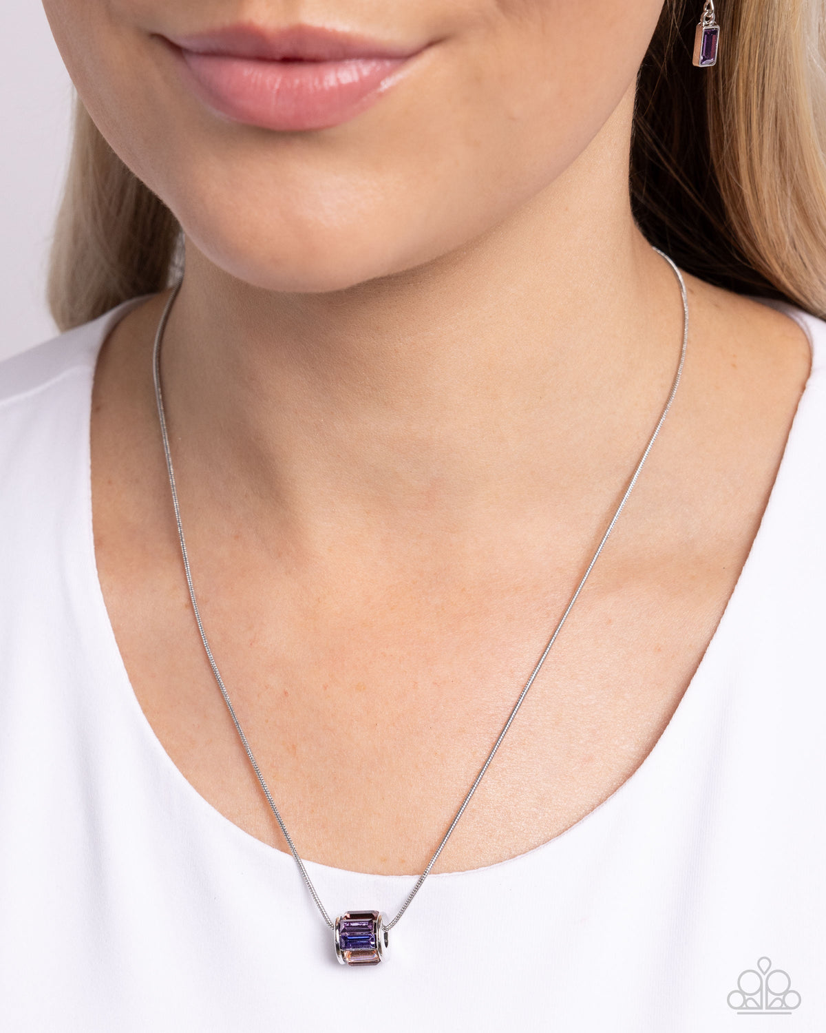 Warden Wheel Purple Rhinestone Necklace - Paparazzi Accessories- on model - CarasShop.com - Paparazzi Jewelry by Cara Jewels