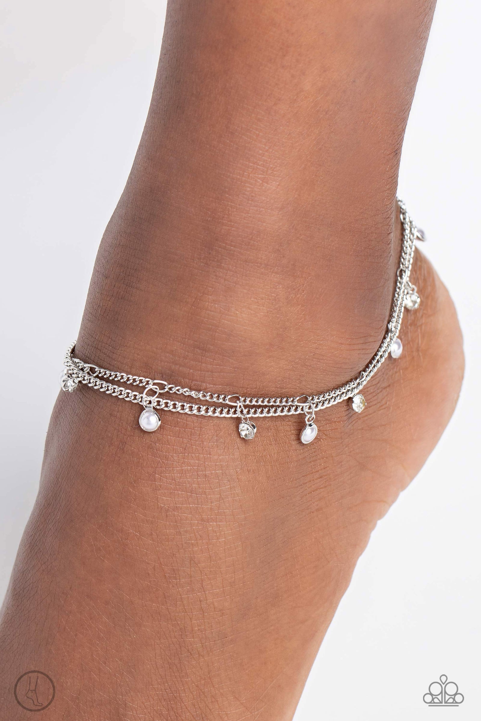 WATER You Waiting For? White Pearl & Rhinestone Anklet - Paparazzi Accessories- lightbox - CarasShop.com - Paparazzi Jewelry by Cara Jewels