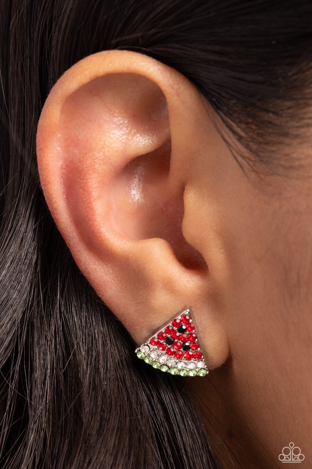 Watermelon Slice Red Rhinestone Earrings - Paparazzi Accessories- on model - CarasShop.com - Paparazzi Jewelry by Cara Jewels