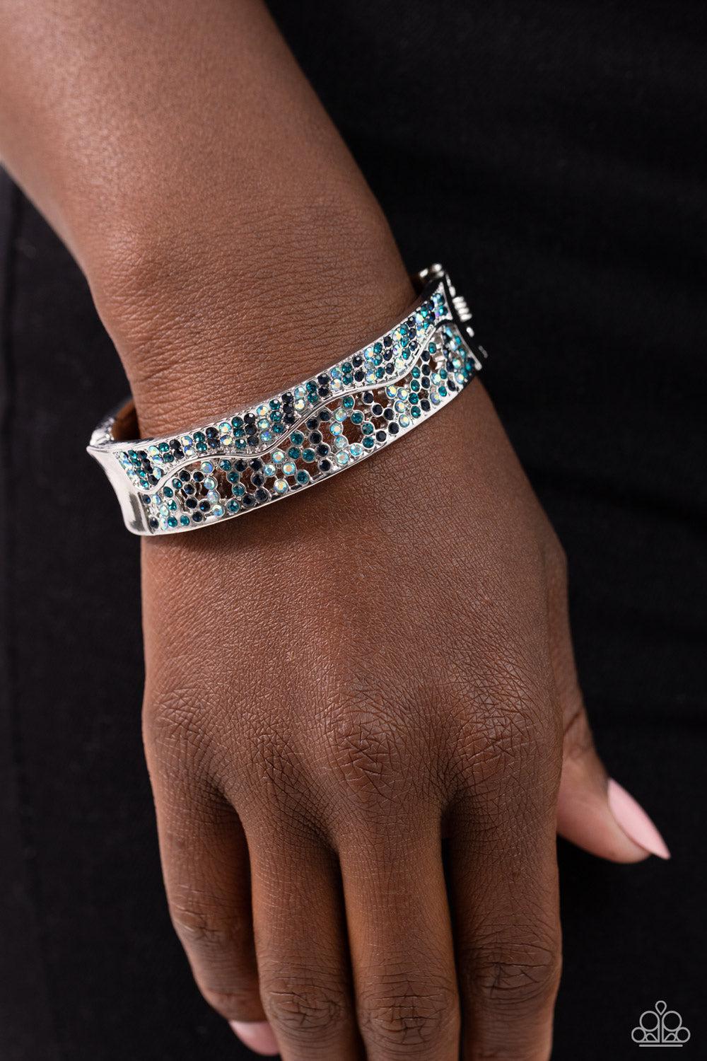 Wavy Whimsy Blue Rhinestone Bracelet - Paparazzi Accessories- on model - CarasShop.com - Paparazzi Jewelry by Cara Jewels