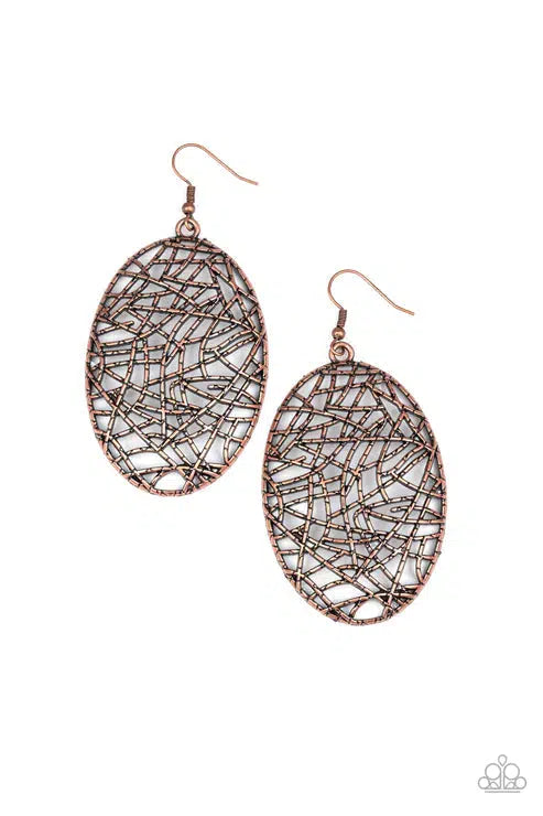 Way Out Of Line Copper Earrings - Paparazzi Accessories- lightbox - CarasShop.com - Paparazzi Jewelry by Cara Jewels
