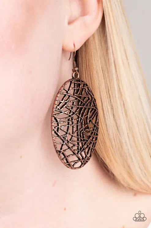 Way Out Of Line Copper Earrings - Paparazzi Accessories- on model - CarasShop.com - Paparazzi Jewelry by Cara Jewels