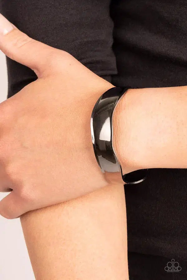 Wayward Waves Gunmetal Black Cuff Bracelet - Paparazzi Accessories- on model - CarasShop.com - Paparazzi Jewelry by Cara Jewels