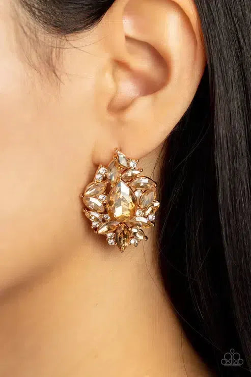 We All Scream for Ice QUEEN Gold Earrings - Paparazzi Accessories-on model - CarasShop.com - Paparazzi Jewelry by Cara Jewels