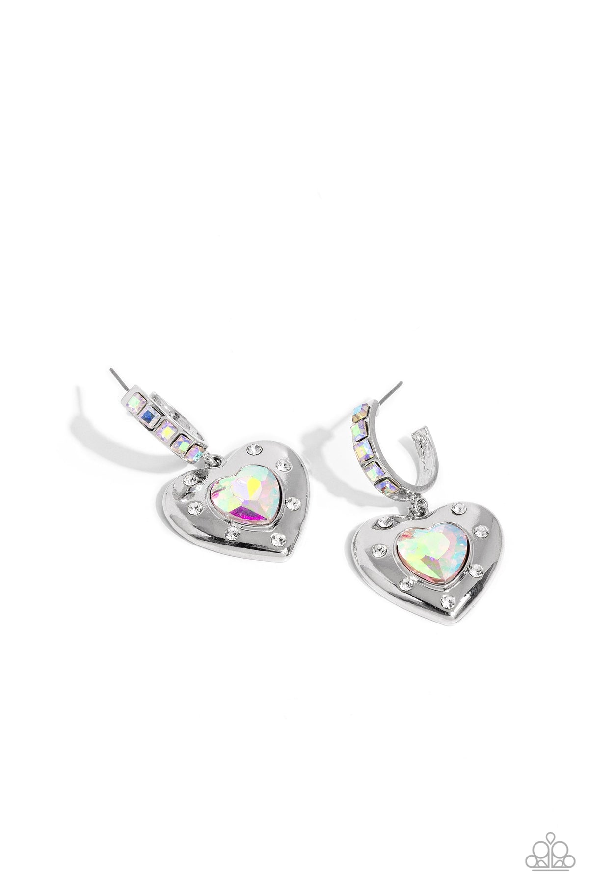 We Are Young White & Iridescent Rhinestone Heart Hoop Earrings - Paparazzi Accessories- lightbox - CarasShop.com - Paparazzi Jewelry by Cara Jewels