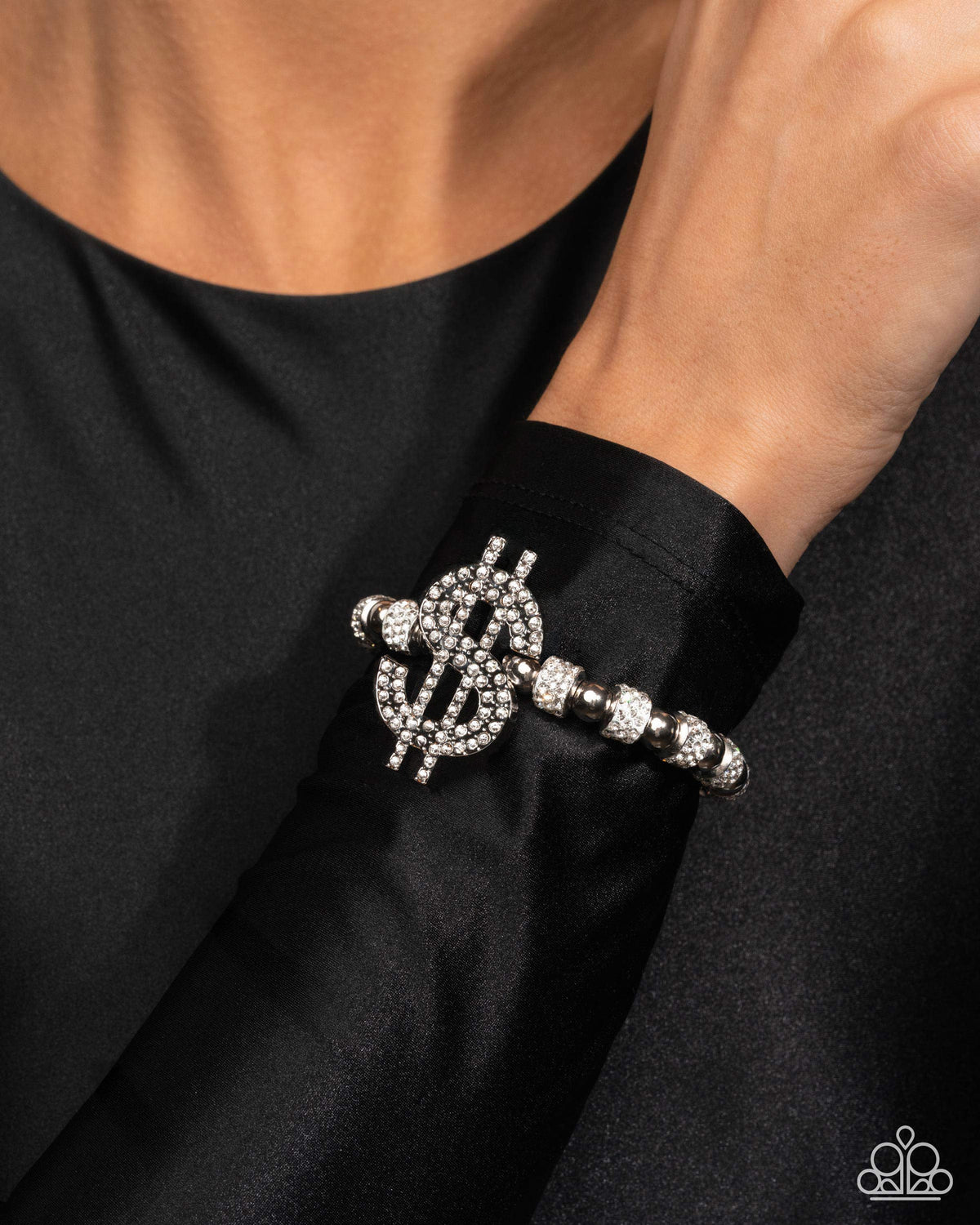 Wealthy Whimsy White Rhinestone Dollar Sign Bracelet - Paparazzi Accessories-on model - CarasShop.com - Paparazzi Jewelry by Cara Jewels