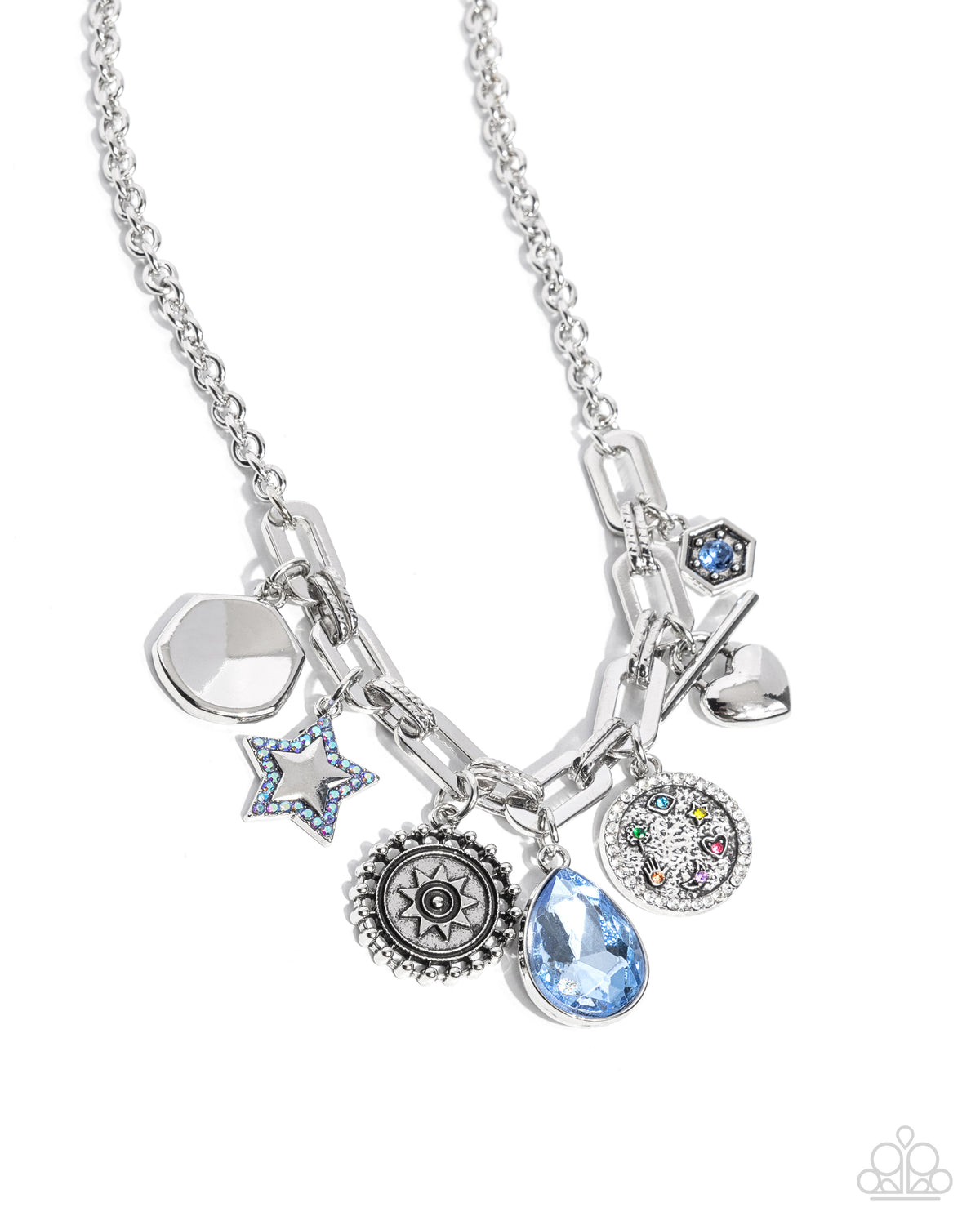 Welcome to the Show Blue Gem & Charm Necklace - Paparazzi Accessories- lightbox - CarasShop.com - Paparazzi Jewelry by Cara Jewels