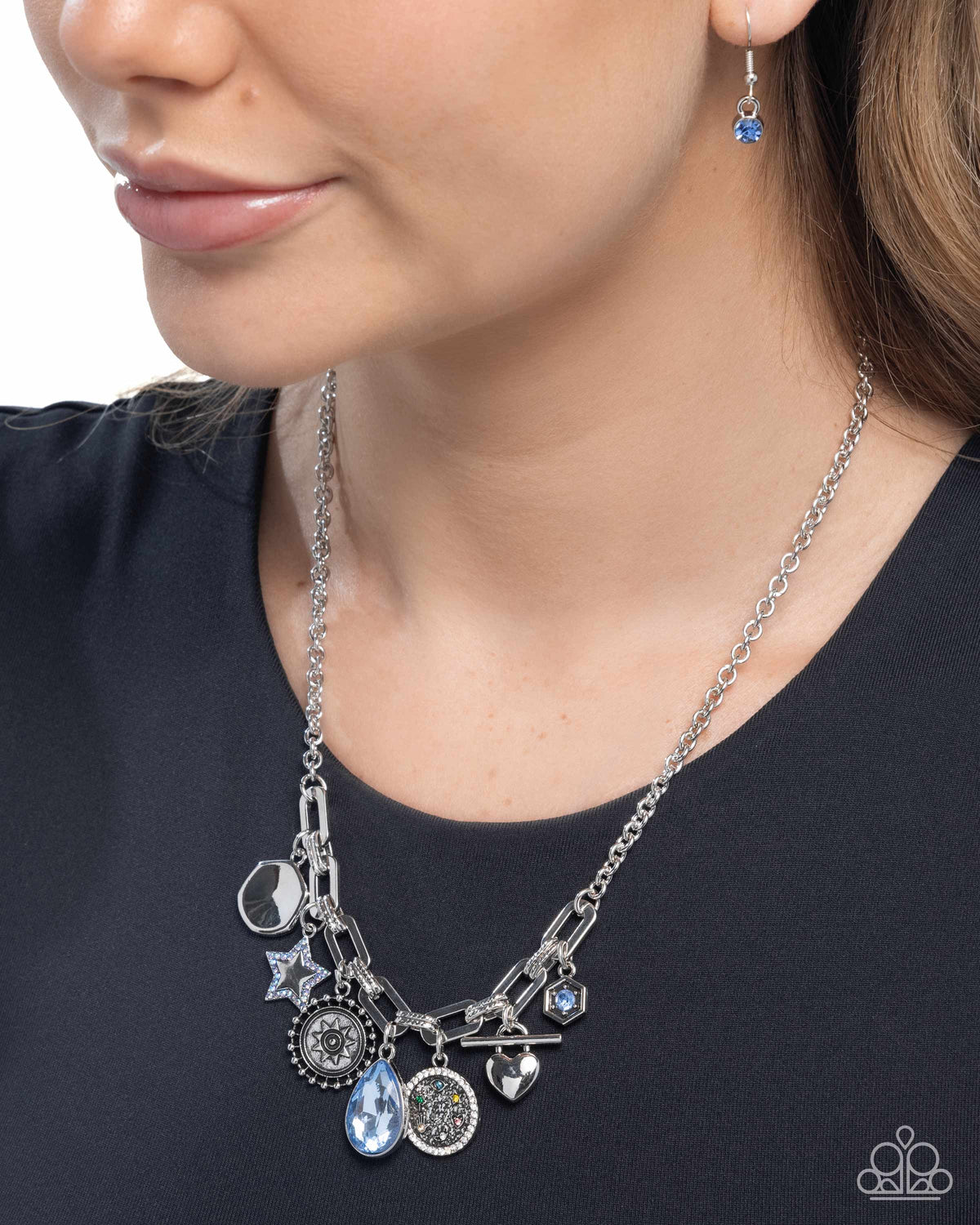 Welcome to the Show Blue Gem & Charm Necklace - Paparazzi Accessories- on model - CarasShop.com - Paparazzi Jewelry by Cara Jewels