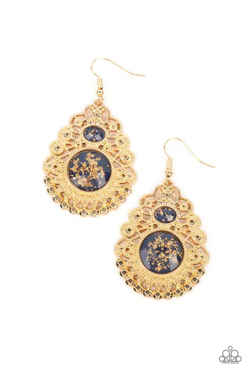 Welcoming Whimsy Blue & Gold Earrings - Paparazzi Accessories- lightbox - CarasShop.com - Paparazzi Jewelry by Cara Jewels