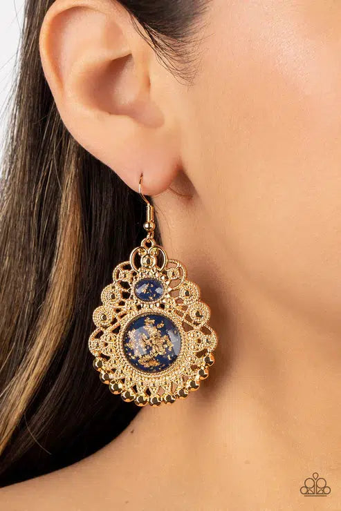 Welcoming Whimsy Blue & Gold Earrings - Paparazzi Accessories- on model - CarasShop.com - Paparazzi Jewelry by Cara Jewels