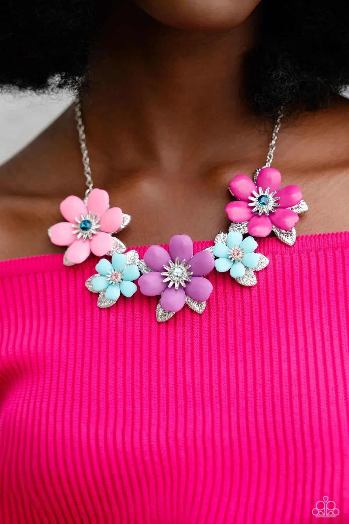 Well-Mannered Whimsy Pink Flower Necklace - Paparazzi Accessories- on model - CarasShop.com - Paparazzi Jewelry by Cara Jewels