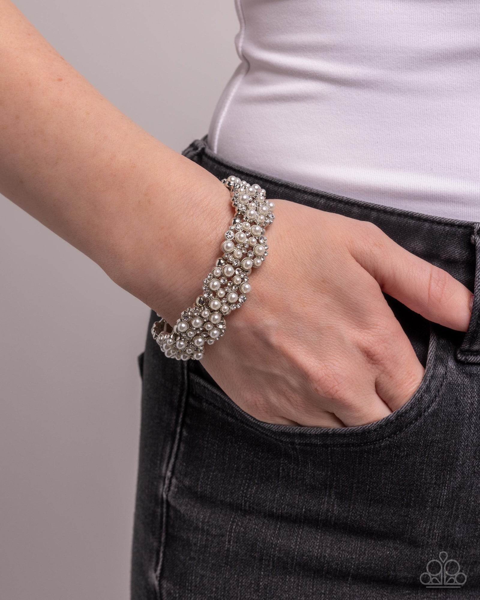 Were You Dazzled? White Pearl & Rhinestone Bracelet - Paparazzi Accessories- lightbox - CarasShop.com - Paparazzi Jewelry by Cara Jewels
