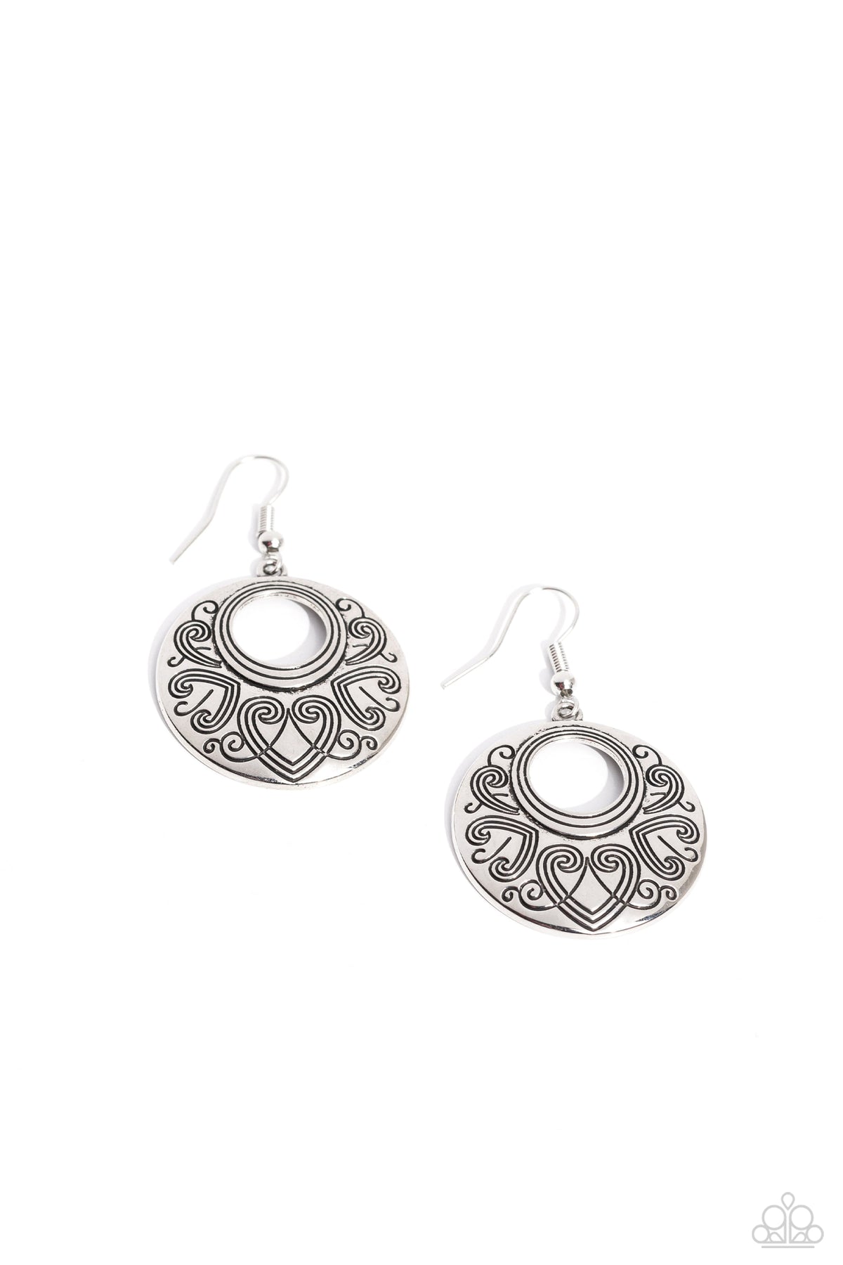 Western Beau Silver Heart Earrings - Paparazzi Accessories- lightbox - CarasShop.com - Paparazzi Jewelry by Cara Jewels