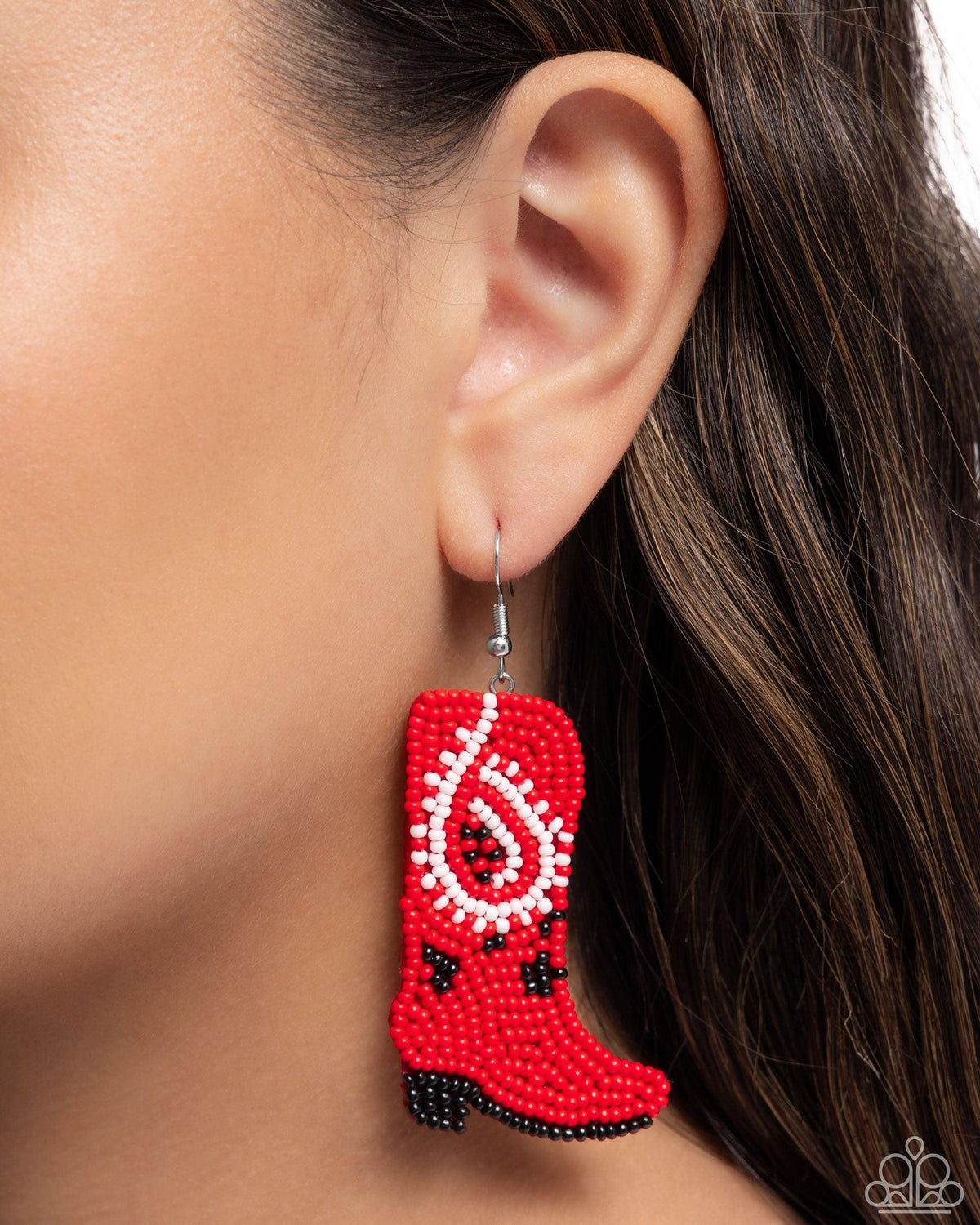 Western Webbing Red Seed Bead Earrings - Paparazzi Accessories-on model - CarasShop.com - Paparazzi Jewelry by Cara Jewels