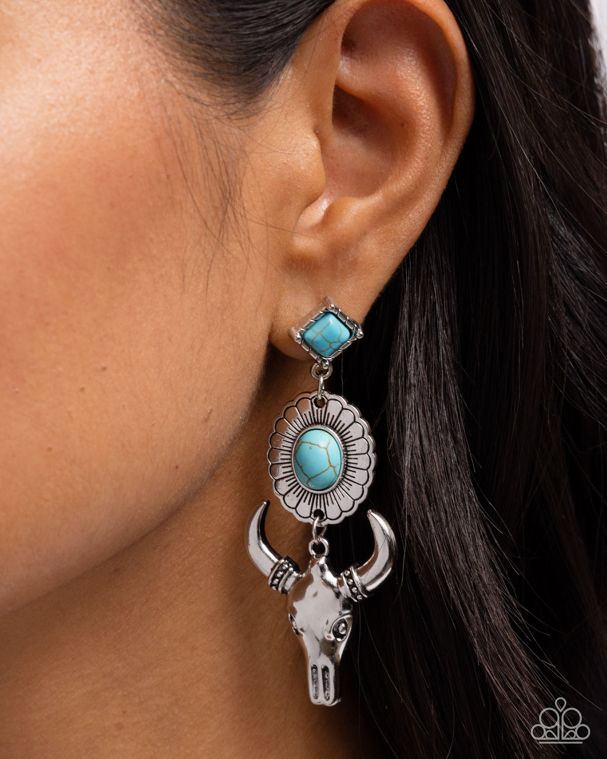 Western Week Turquoise Blue Stone Longhorn Earrings - Paparazzi Accessories- on model - CarasShop.com - Paparazzi Jewelry by Cara Jewels
